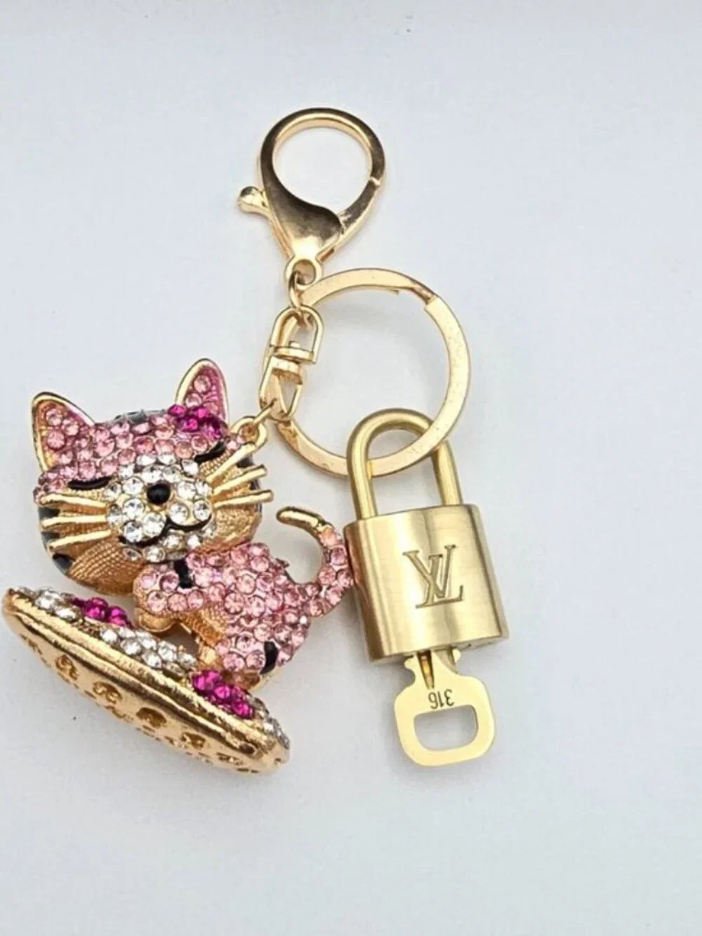 Louis Vuitton Gold Padlock Key 🔒 Authentic LV Charm + Unbranded Cat Keychain